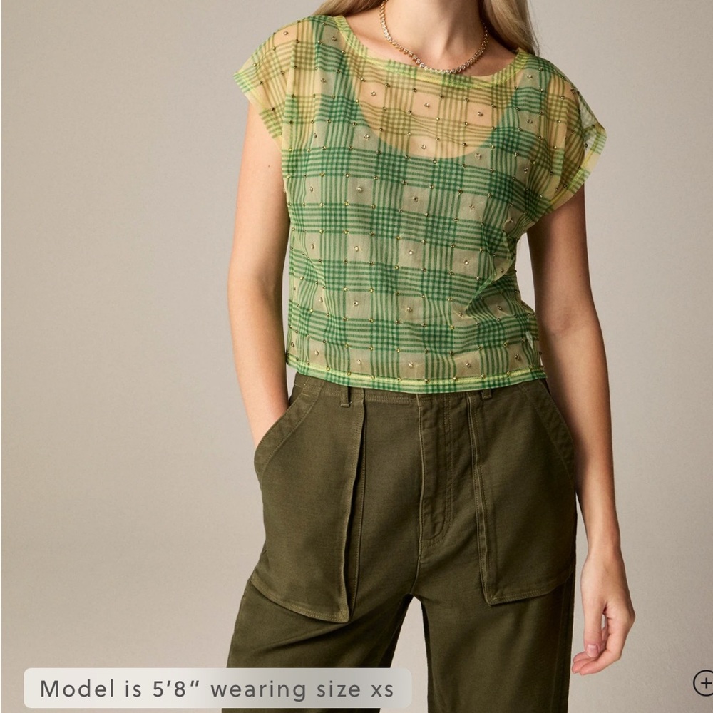 J. Crew Green and Cream Cap Sleeve Boxy Crop Blouse
